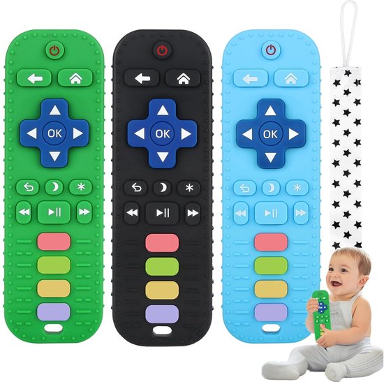 BOTC 3 stuks Babybijtring - Kauwspeeltje voor baby's van 0-36 maanden - TV-Afstandsbediening - verlichting bij doorkomende tandjes van BOTC