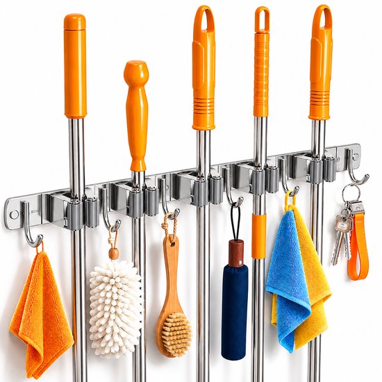 BOTC Bezemhouder - 5 Houders 6 Haken - 304-RVS - 5 Houders 6 Haken - 304 RVS - Zelfklevend 3M Tape - Gereedschapshouder - Bezem Ophangsysteem Tuingereedschap - Gereedschapshouder - Zilver