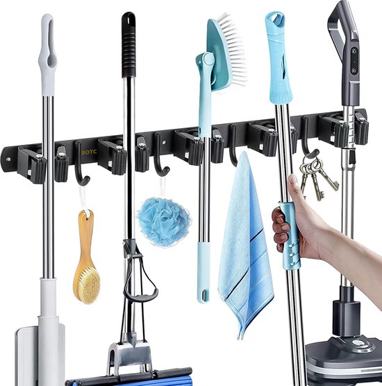 BOTC Bezemhouder - Bezem Ophangsysteem Tuingereedschap - 5 Houders 6 Haken - Gereedschapshouder - 3M Tape - Zwart van BOTC