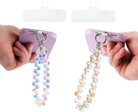 BOXOB 2st Kralen Telefoon Polsbandje, Kristalstenen Telefoon Draagkoord voor Vrouwen Anti-Verlies Polsbandje Fonkelende Charm Koord voor Portemonnee Camera (Paars, Wit) van Merkloos	