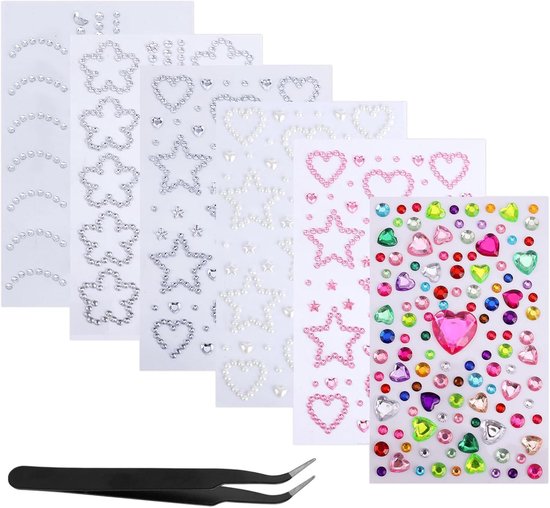 BOXOB 6 Vellen Gezichts Edelsteen Stickers & Zwarte Elleboogklem, Zelfklevende Edelsteen Stickers voor Make-up Gezichtsjuwelen Plak op Strass Steentjes voor Vrouwen Meisjes Gezicht Ogen Haar Decor
