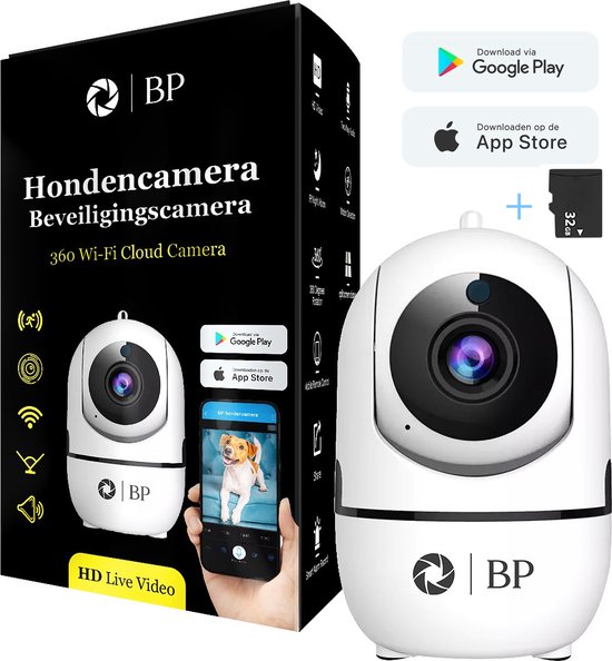BP® Hondencamera- Met 32 GB SD Kaart - Huisdiercamera - Babyfoon & IP Beveiligingscamera - Indoor Camera - Nightvision - 2.4 GHZ - Beweeg en Geluidsdetectie - Nederlandse Handleiding van BP