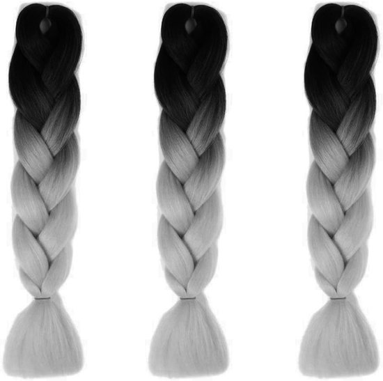 Braiding Hair 3 Stuks/Verpakking - 100 G/Stuk - 60 cm - Jumbo Vlechten - Haarverlengingen - Kanekalon Kunsthaar - Invlechten - Synthetisch Haar Voor Gehaakte Vlechten - Zwart En Grijs van Merkloos	