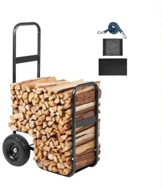 Brandhoutwagen - Steekwagen - Kar - Houtopslagwagen met Handgreep en Onderlade – Houtkar op Wielen voor Binnen en Buiten - Stalen Brandhoutdrager voor Openhaard of Vuurkorf - 100kg - Zwart van Merkloos	