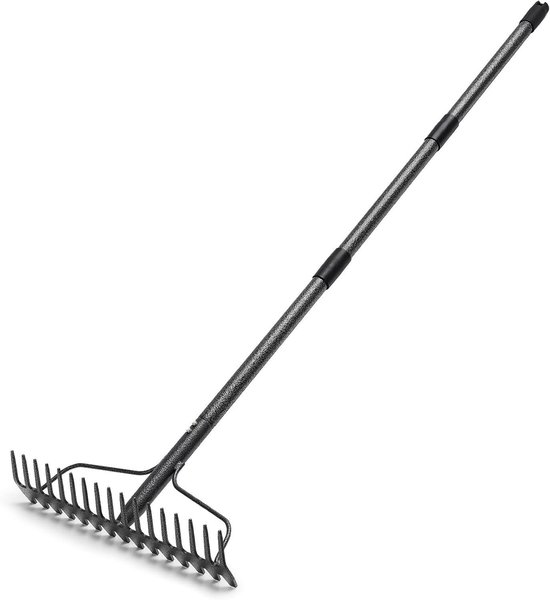 Brede tuinhark met verstelbare kop, 123 cm lengte, 17 tanden, grijs.