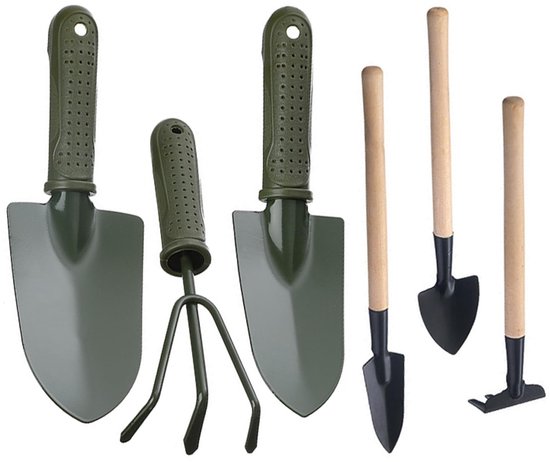 BRENZOOS- Tuingereedschappen Set van 6 - Mini-schop/Tuinhark/Bloempotschop - Roestvrij/Vuilafstotend - Dikke/Houten Handgreep - Lichtgewicht/Praktisch - Tuinset