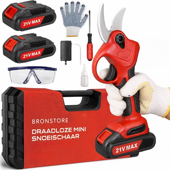 BronStore® Elektrische Snoeischaar - Accu Heggenschaar - Takkenschaar Electrisch - 28mm Snijdiameter - Inclusief Opbergkoffer & 2 Accu's van BronStore®