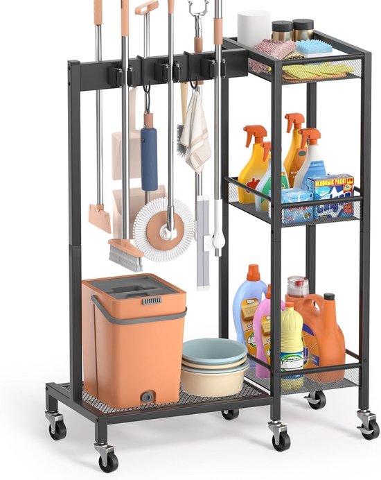 Broom Holder en Organizer voor Schoonmaakartikelen, Opbergkast voor Bezem met Lade, Multifunctionele Schoonmaakwagen met Haken en Mophouder voor Woonkamer en Huishoudelijk Gebruik