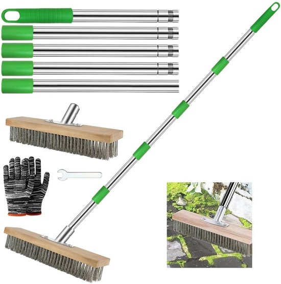 Broom with Handle - 190 cm Steel Broom for Weeds - Wire Brush 30 cm - Steel Wire Broom for Pavers - Moss Removal - Algae on Shower - Wall - Garage - Courtyard - Patio - Moss van Merkloos	