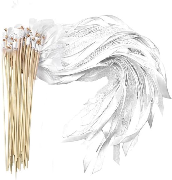 Bruiloft Wands - 50 stuks bruiloft lint toverstaf met bel - kant bruiloft feeënstaaf - muur decoratie voor bruiloften - verjaardagen - feesten - feestdagen - wit van Merkloos	