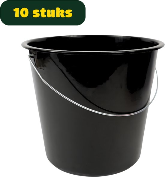 Budgetland Emmer [10 Stuks] - 5 liter - Huishoudemmer - Plastic - Zwart - Bouwemmer - Stalen hengsel van Merkloos	