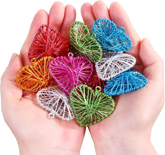 Bulk Colorful Metal Wire Hearts Gift - 12 Pieces Aluminum Rattan 3D Hanging Ornaments for Valentine's Day, Wedding, Car, Outdoor Lampshade, Vase Filling, Table Decoration, Love Favors for