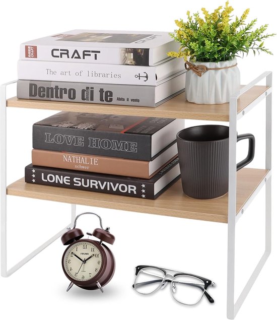 Bureaurek van hout - 40 x 20 x 36 cm - 2 etages - multifunctionele opbergplank - wit - tafelrek - bureau - opzet-rek voor thuis - kantoor - school van Merkloos	
