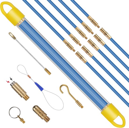 Cable Pulling Aid Fiberglass 3.3 m - 10 x Cable Extension Rods 33 cm - Pull Wire Ø 4 mm - Pull-In Aid met Kabelbevestiging - Leerrhore van Leerrhore
