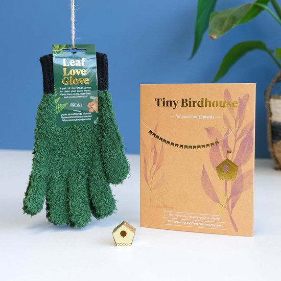 Cadeau Plantenliefhebber - Brievenbus Cadeau Verjaardag - Microvezel Handschoen Plant - Tiny Birdhouse - Vogelhuisje voor je kamerplant - Cadeaupakket - Brievenbuspakket - Relatiegeschenken Bedankt - Brievenbus Cadeau Verjaardag - Brievenbuscadeau van Tiny Birdhouse