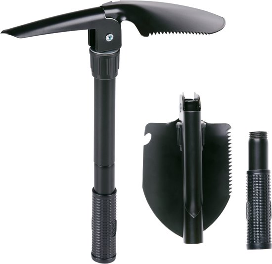 Camp Active 4-in-1 Schep - Opvouwbare Schep met Pikhouweel en Zaag - Multitool Schep voor Camping en Survival - Tactische Schep met Flesopener - Zwart