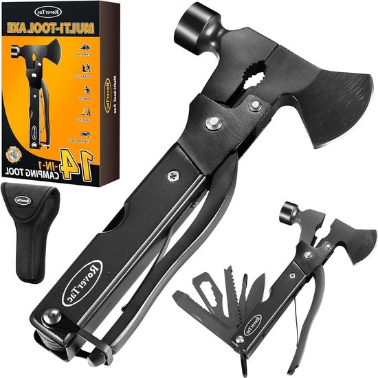 Camping multitool met bijl - 14 functies - survivalmes hamertang - cadeau voor Vaderdag van Ruxept.