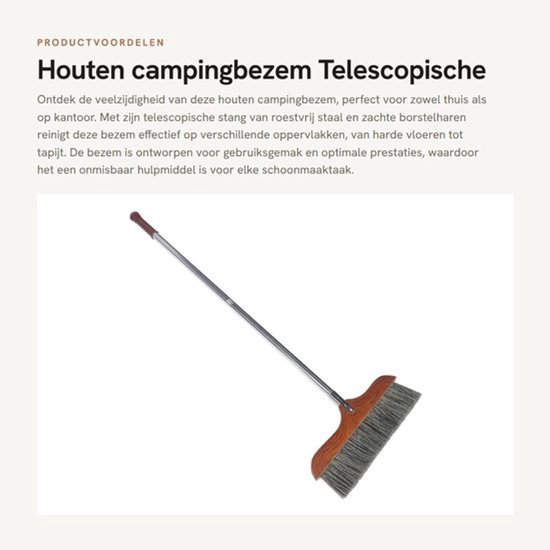 Campingbezem Houten - Telescopische Bezem - Roestvrij Stalen Stang - Opvouwbaar - Duurzaam - Geschikt voor Binnengebruik - Stofbezem