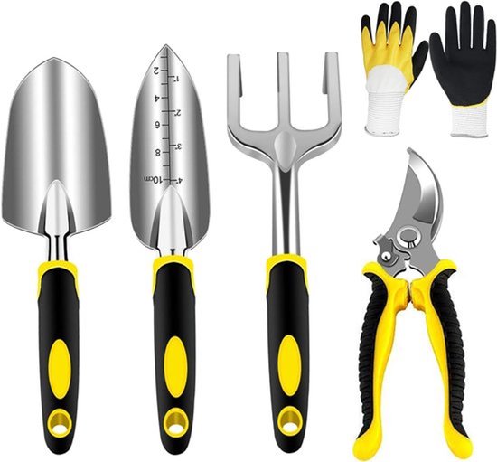 Candala Tuingereedschap van roestvrij staal, tuingereedschapsset met tuinschaar, handtrommel, transplantator, handhark, tuinhandschoenen (750, 5 stuks) van Merkloos	