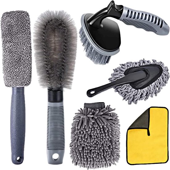 Car Cleaning Kit - 6 Pieces - Car Care Kit - Tire Brush - Rim Brush - Aluminium Rims - Washcloth - Cleaning Cloth - Car Dust Brush voor Auto's - Motorfietsen - Motorhomes - Trucks