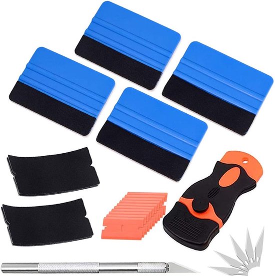 Car Felt Edge Wiper Set - 4 Pieces Felt Edge Scrapers - Craft Cutter met 5 Blades - Razor Scraper met 10 Plastic Blades van Merkloos	