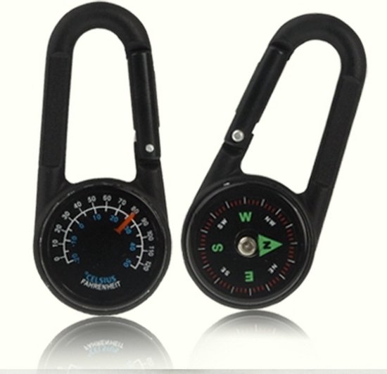 Carabiner Key Compass & Thermometer Hiking Outdoor Travel(Black) van Merkloos	
