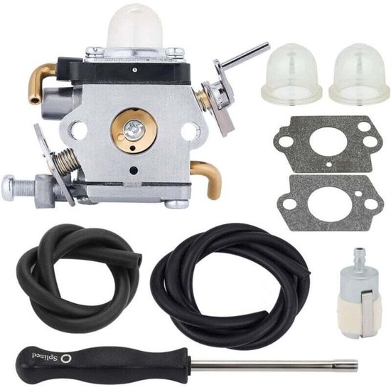 Carburateur geschikt voor Husqvarna 122LD en 122C grasmaaiers, inclusief pakking, brandstofleiding en bougie. Geschikt geschikt voor onderdeelnummers 581734301 en 574386701. van Merkloos	