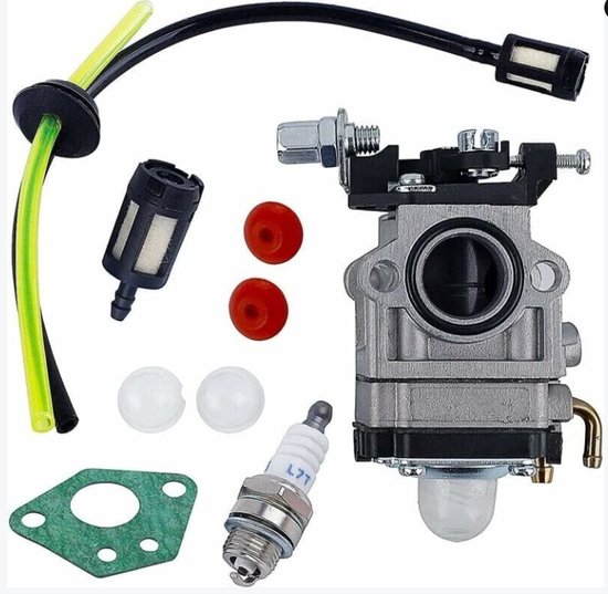 Carburateurset voor bosmaaiers (52cc, 49cc, 43cc) met pakking, slang, bougie en brandstoffilter.
