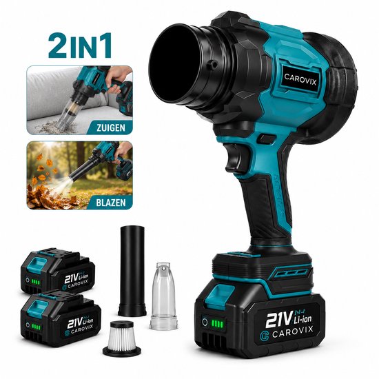 Carovix® Bladblazer op accu - 2-in-1 Accu Bladblazer & Handstofzuiger – Krachtig Blazen en Zuigen - 2 Accu’s - 350km/u Luchtsnelheid - Voor Tuin, Auto & Huis - Handblazer - Draadloze Luchtblazer - Auto Droger - Turbo Ventilator - Stofblazer