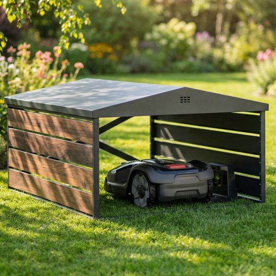 CASABEL Robotmaaier garage van gegalvaniseerd staal in zwart en houtlook met dubbel hellend dak, 84×72×45 cm, universeel