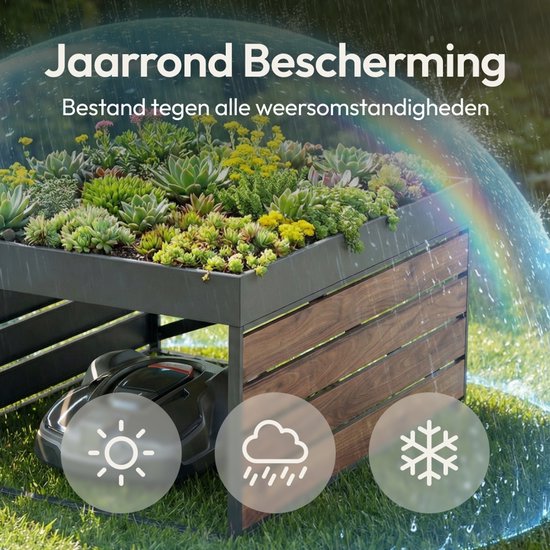 CASABEL Robotmaaier garage van gegalvaniseerd staal in zwart en houtlook met plantenbak op het dak, 82×70×43 cm, universeel van Merkloos	