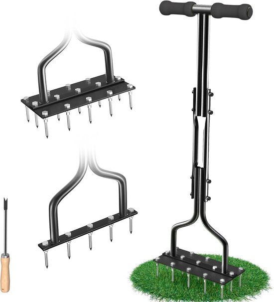 casalora® - Gazonbeluchter - Gras beluchten - Gazonprikker metaal - Verticuteerhark met steel - Voor verdichte bodems en grasvelden - Uitgerust met 15 massieve stalen nagels - Zwart
