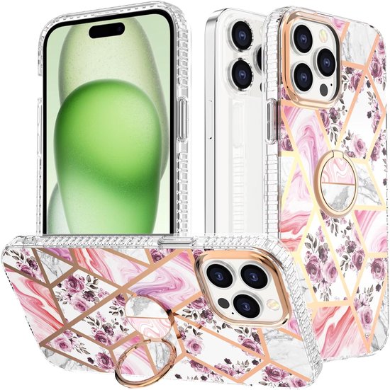 Case Compatibel met iPhone 15 Pro - Slim Lichtgewicht en Stijlvol Schokbestendig Beschermend met 360 Gouden Magnetische Ring Stand Houder - Marble Pattern Design Soft TPU Hoes - Paarse kleur van Merkloos	