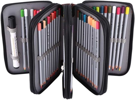 Case Meerlaags 72 Slots Office Supplies PU Lederen Potlood Organizer Grote Capaciteit Gekleurde School Potloden Tas Voor School Kantoor (Zwart)