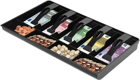 Cash drawer, 40.5 x 24.5 x 3.5 cm, money organiser, cash drawer, 9 compartments with 5 banknotes and 4 coins, removable cash drawer for point of sale system (black) van Merkloos	