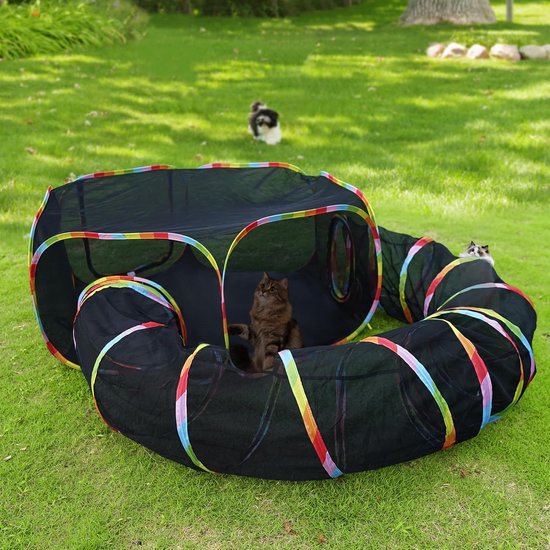 Cat Tunnel en Play Tent, Regenboog Gekleurd, Mesh Behuizing met Verbindende Tunnel
