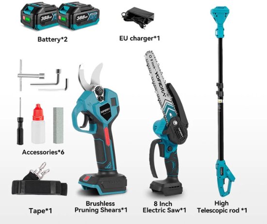 Cellista Elektrische Kettingzaag Set 3-in-1 - Telescopische Snoeizaag - Accu Kettingzaag - 8 inch - Met 2 Accu's - Borstelloze Motor