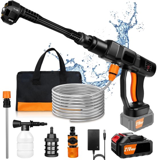 Cellista Hogedrukreiniger Draadloos - Autowasmachine - Accu Drukreiniger - 45 Bar - 6-in-1 Mondstuk - 5 m Slang - 4.5 L/min van Merkloos	