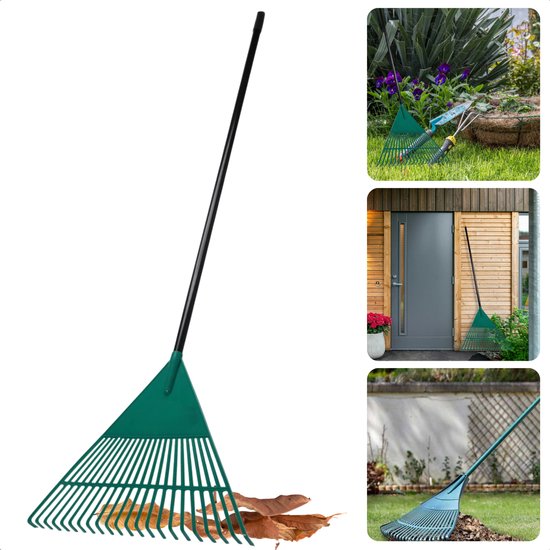 Cheqo® Bladhark Kunststof - Hark - Tuinhark - Harken - Lange Steel - Tuinonderhoud Groen/Zwart van Merkloos	