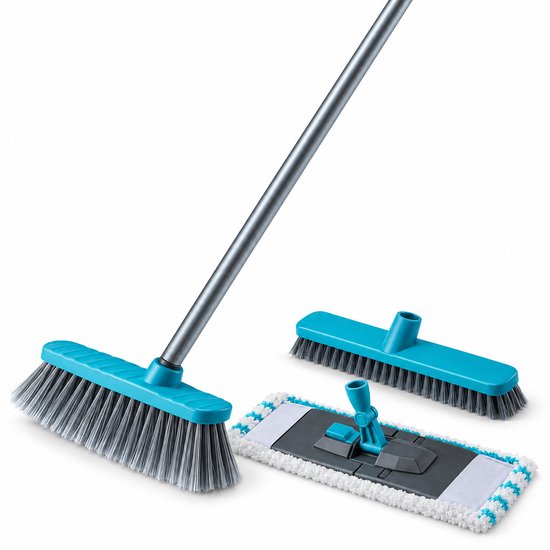 Cheqo® Schoonmaakset 5-Delig - Bezem met Steel - Vloerwisser met Microvezel Doek - Zachte en Harde Bezem - Vlakmop - Bezemset - Kamerveger - Huishoudset - Schoonmaakartikelen voor Binnen - Poetsset - Kuisgerief
