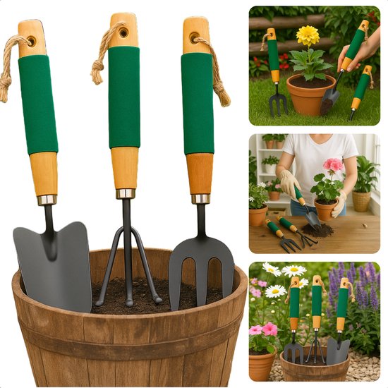 Cheqo® Tuingereedschap Set - Tuin Gereedschap Set - Tuingereedschapset - Hark - Spitvork - Plantschep - Tuin Accessoires - Voor Klein Tuinwerk - Houten Handvat - 27 cm van Cheqo