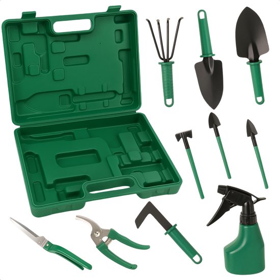 Cheqo® Tuingereedschap Set - Tuingereedschap Set - Snoeischaar- Tuinset - Snoeischaar - Tuinieren - Complete 10-Delige Set met Opbergkoffer - Inclusief Plantenspuit van Cheqo