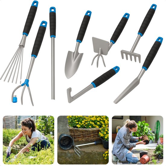 Cheqo® Tuingereedschap Set - Tuingereedschapset - 8-Delig - Tuinset - Tuin Set - Metaal en Kunststof - Schep - Hark - Voegms - Tuinklauw van Cheqo