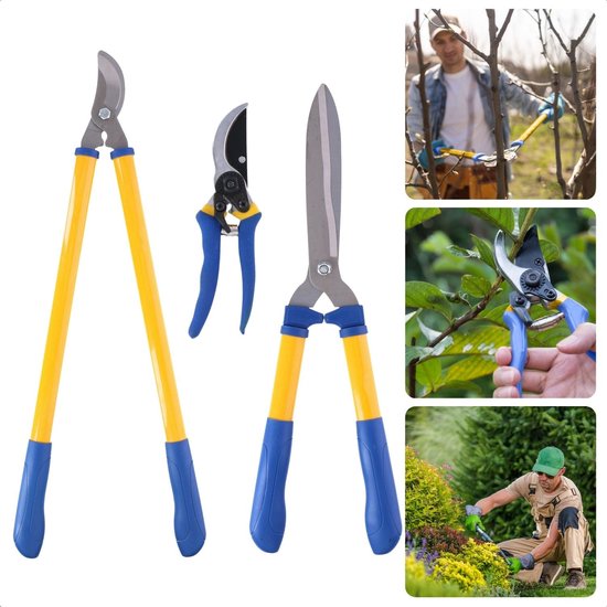 Cheqo Tuingereedschapset - Snoeigereedschap Set - 3-delige Set - Takkenschaar - Snoeischaar - Heggenschaar - Ergonomische Handgrepen - Afglijdbeveiliging - Inwendige Veer - Tuinwerkzaamheden - Tuingereedschap voor Tuinliefhebbers - Tuinonderhoud van Cheqo