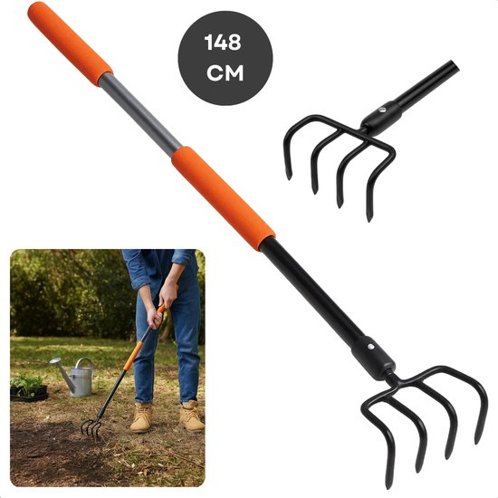 Cheqo® Tuinhark - Glasvezel Steel - Koolstofstaal Kop - 4-Tands Hark - Lichtgewicht Tuinhark - Duurzame Tuinhark - Comfortabele Grip - PVC Handgreep - Tuinieren Gereedschap - Bladeren Opruimen - Tuinafval Verwijderen - Grond Voorbereiden van Cheqo