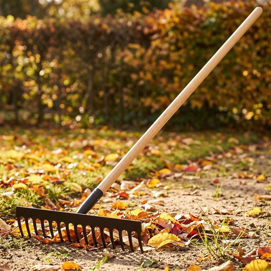 Cheqo® Tuinhark - Hark met Houten Steel - Gazonhark voor Grond en Bladeren - Tuingereedschap - Bladerhark - Grondbewerking en Bodembewerking - Metalen Hark - Wieden en Bemesten - Gazon Onderhoud - Tuin Opruimen - Zwart van Merkloos	