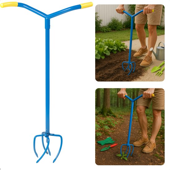 Cheqo® Tuinklauw met Lange Steel – Woelvork 95 cm – Grond Losmaken & Beluchten – Onkruidtrekker – Ergonomisch Tuin Gereedschap – 4 Tanden – Rugvriendelijk – Staal & Kunststof – Cultivator voor Hoveniers van Merkloos	