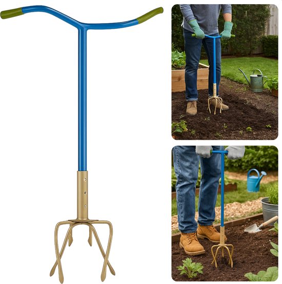 Cheqo® Tuinklauw Verstelbaar - 4-Tands Woelvork - Grond Beluchten - Onkruid Verwijderen - in Lengte Verstelbaar - Ergonomisch Handvat - Staal met Kunststof - Rug- en Knieontlastend - Tuinieren zonder Bukken - Woelvork met Handvatten