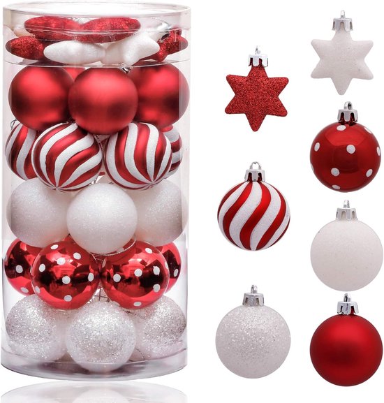 Christmas Decorations - 35 Pieces - 5cm Christmas Baubles - Oh Deer Red and White - Shatterproof Christmas Ball Ornaments - Decoration for Christmas Tree van Oh Deer