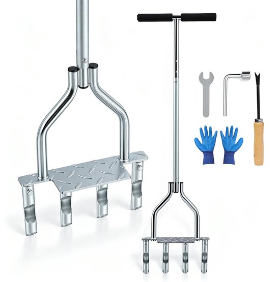 CINK & Co Handmatige gazonbeluchter 93 cm - Met 4 holle pennen en grondopvangbak - RVS basis en antisliphandgreep - Zilver